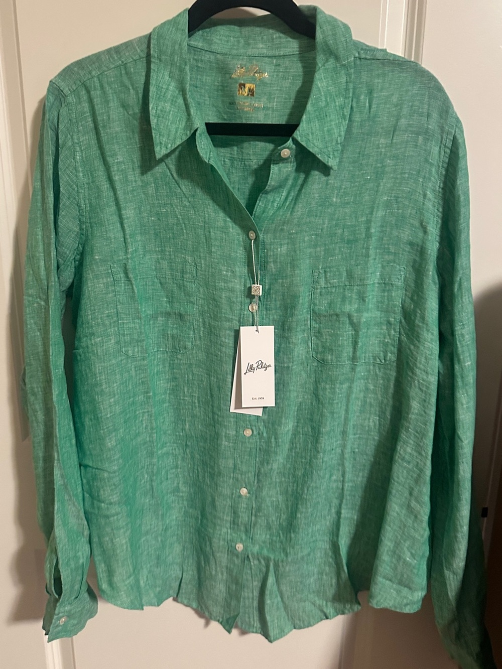 NWT Lilly Pulitzer Sea View‎ Linen Button Down Shirt, Spearmint Green